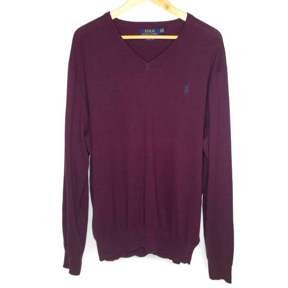 Polo Ralph Lauren V Neck Sweater Men's Pima Cotton Maroon Ribbed Edge Preppy XL - Picture 1 of 6